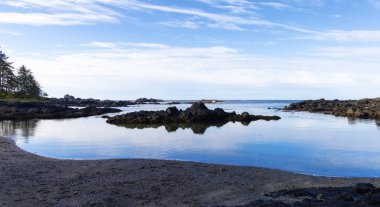 Pasifik Okyanusu kıyısındaki Rocky Shore. Ucluelet, Vancouver Adası, BC, Kanada. Doğa Arkaplanı.