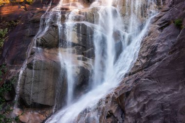 Kayalardan çağlayan şelale. Gün batımı. Shannon Falls, Squamish, BC, Kanada. Doğa Arkaplanı