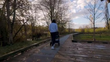 Anne, Deer Gölü 'nde bebek arabasıyla yürüyor. Burnaby, BC Kanada. Sonbahar sezonu. Güneşli Günbatımı. Ağır çekim. Yüksek kalite 4k görüntü