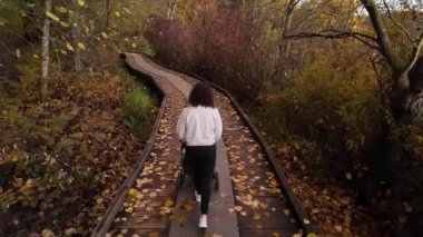 Anne, Deer Gölü 'nde bebek arabasıyla yürüyor. Burnaby, BC Kanada. Sonbahar sezonu. Güneşli Günbatımı. Ağır çekim. Yüksek kalite 4k görüntü