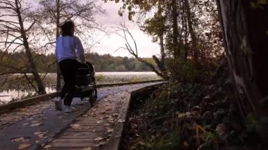 Anne, Deer Gölü 'nde bebek arabasıyla yürüyor. Burnaby, BC Kanada. Sonbahar sezonu. Güneşli Günbatımı. Ağır çekim. Yüksek kalite 4k görüntü