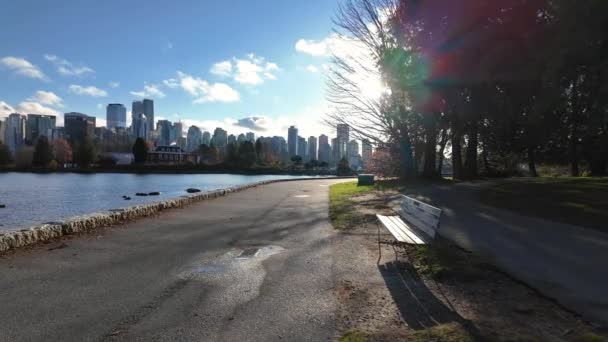 Scenic Seawall Buildings Sunny Fall Day Coal Harbour Stanley Park — Stock Video