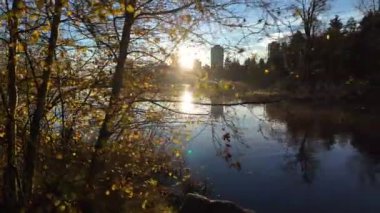 Ünlü Stanley Park 'taki Kayıp Göl manzarası. Binaları olan modern bir şehir. Gün doğumu. Vancouver, British Columbia, Kanada.