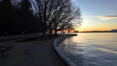 Sunny Sunrise 'daki Sahne Seawall ve Binaları. Coal Harbour, Stanley Park. Vancouver şehir merkezi, British Columbia Kanada.