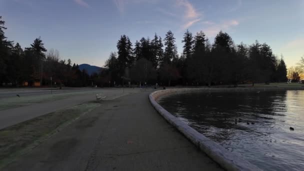 风貌秀丽的海堤 路径和秋天早晨的城市景致 暮暮赤柱公园煤港加拿大不列颠哥伦比亚省温哥华 — 图库视频影像
