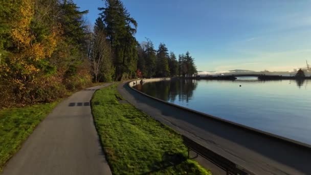 阳光普照的海堤和城市 赤柱公园煤港加拿大不列颠哥伦比亚省温哥华市中心 — 图库视频影像