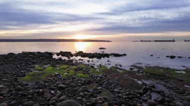 Sunset 'te Sahne Seawall ve Rocky Coast. Sonbahar sezonu. Ağaçlar. Stanley Park, Downtown Vancouver, British Columbia, Kanada.