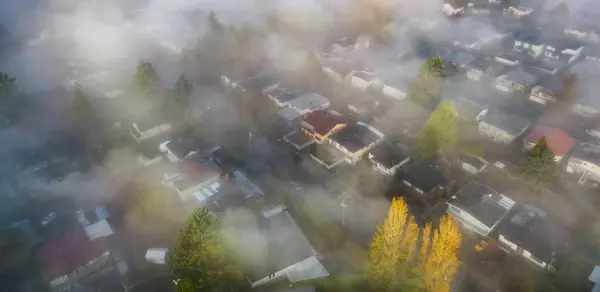 Neighborhood Streets Homes Covered Fog Residential City Suburb Aerial View — Stock Photo, Image