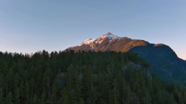 Canadian Mountain Landscape Rochas Com Árvores Verdes Neve Topo Sunny — Vídeo de Stock