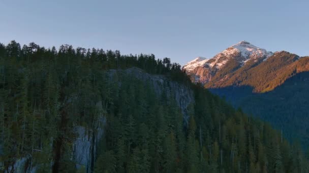 Kanadensiska Mountain Landskap Stenar Med Gröna Träd Och Snö Toppen — Stockvideo