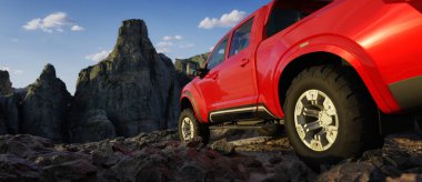 Nissan kamyonet, Rocky Dağı 'nın tepesinde. Macera 3d Hazırlama Sanatı.