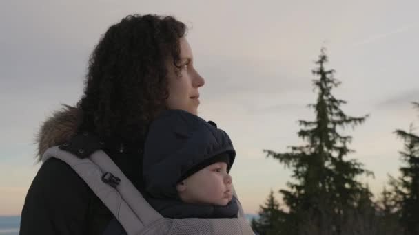 フロントキャリアの母親と愛らしい赤ちゃんボーイ ビューポイントで 木を見ています ノースバンクーバー ブリティッシュコロンビア カナダ — ストック動画