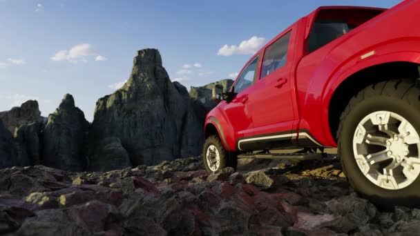 Truk Nissan Pickup Atas Rocky Mountain Landscape Arsip Pencitraan Petualangan — Stok Video