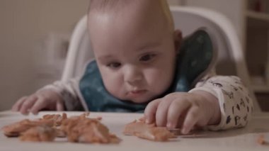 Sevimli Bebek Yiyen Somon İlk kez. İlk katı yiyecek, 6 aylık. Beyaz Kafkas Çocuk.