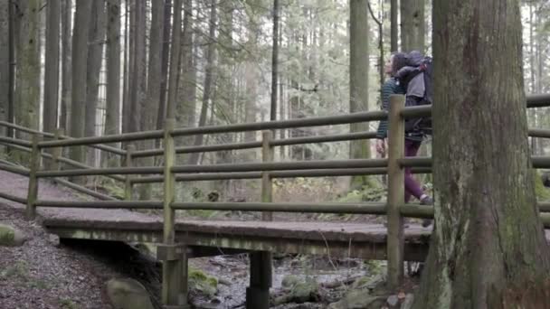 カナダの自然の中でバックパックキャリアのベビーボーイとハイキング 秋のシーズン ノースバンクーバー ブリティッシュコロンビア カナダ — ストック動画