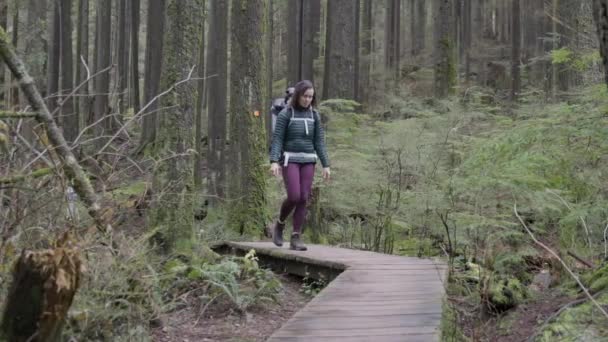 Mutter Wandert Mit Baby Boy Rucksack Der Kanadischen Natur Herbstzeit — Stockvideo