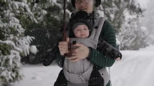 Moeder Wandelen Met Schattige Baby Front Carrier Snowy Day Winterseizoen — Stockvideo