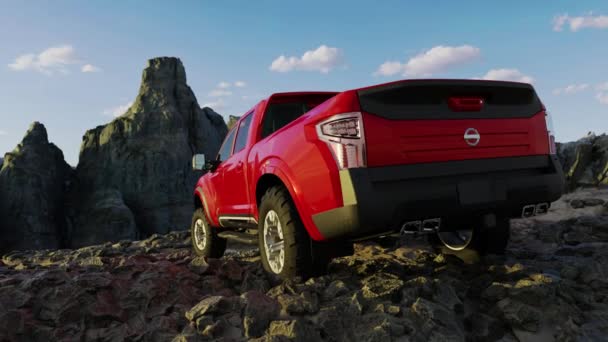 Nissan Pickup Truck Auf Dem Gipfel Der Rocky Mountain Landschaft — Stockvideo
