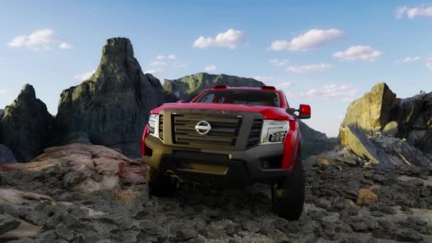 Camioneta Nissan Cima Del Paisaje Las Montañas Rocosas Aventura Representación — Vídeo de stock