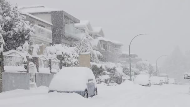 Snow Covered Cars Road Homes Bairro Dos Subúrbios Dia Frio — Vídeo de Stock