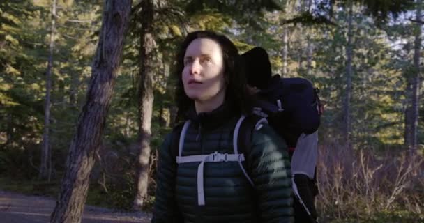 Mutter Wandert Mit Baby Boy Rucksack Der Kanadischen Natur Winterzeit — Stockvideo