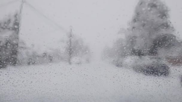 Vindskjerm Dårlig Sikt Snøveien Farlige Forhold Kjører Suburban Street Snow – stockvideo