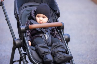 Bebek çocuk dışarıda parkta bebek arabasında oturuyor. Burnaby, Vancouver, BC, Kanada.