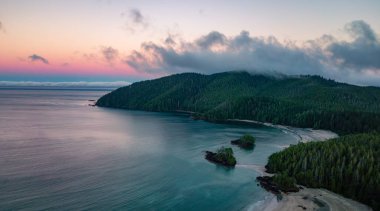 Pasifik Okyanusu 'nun batı kıyısındaki kumsal kıyısı. Gün doğumu. Vancouver Adası, BC, Kanada. Doğa Arkaplan Panoraması