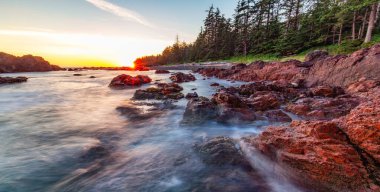 Pasifik Okyanusu 'ndaki Rocky Shore Sunny Sunset sırasında. Vancouver Adası, BC, Kanada. Doğa Arkaplan Panoraması