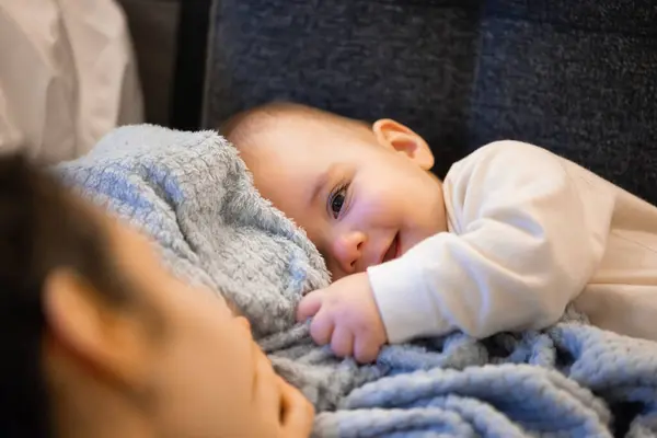 Happy Baby Boy Playing Couch Home Stock Image