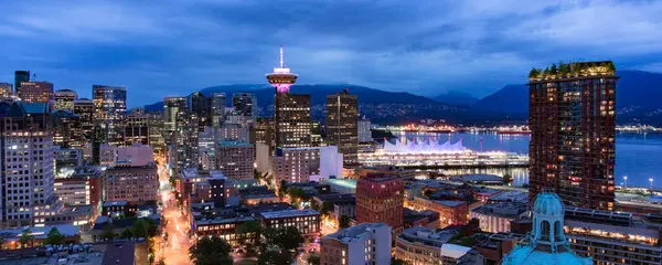 Downtown Vancouver City Nachts Zonsondergang Luchtfoto Panorama Canada — Stockfoto