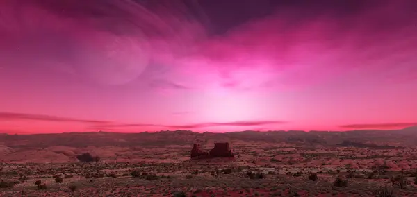 バックグラウンド惑星とのエイリアン惑星ロッキーテレインのSfシーン 3Dレンダリングアートワーク ユタ州の風景 — ストック写真