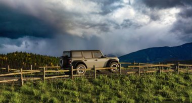 Ford Bronco Raptor, arka planda kayalık dağ manzaralı bir yolda. 3d Hazırlama Aracı.