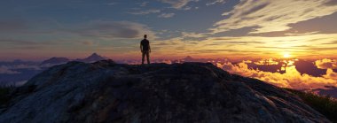Rocky Mountain Peak 'in tepesindeki Maceracı Adam. Doğa manzarası dramatik gün batımı. 3d Hazırlama