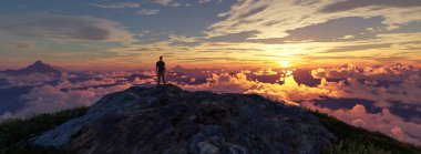 Rocky Mountain Peak 'in tepesindeki Maceracı Adam. Doğa manzarası dramatik gün batımı. 3d Hazırlama