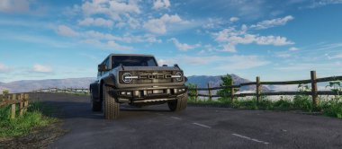Ford Bronco Raptor, arka planda kayalık dağ manzaralı bir yolda. 3d Hazırlama.