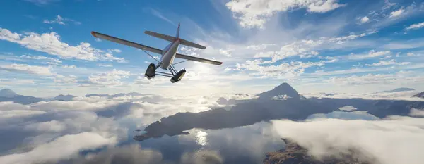 Airplane Flying Mountains Lakes Clouds Sunny Day Rendering — Stock Photo, Image