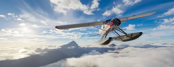 Airplane Flying Mountains Lakes Clouds Sunny Day Rendering Stock Photo