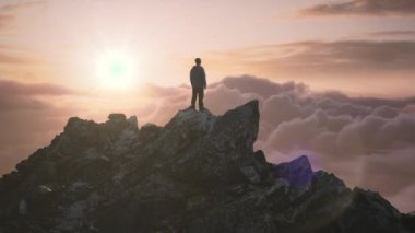 Kayalık zirvede, bulutlu manzarada gezen adam. Macera Birleşimi. 3D taş kırma. BC, Kanada 'dan arkaplan resmi. 3B Görüntü
