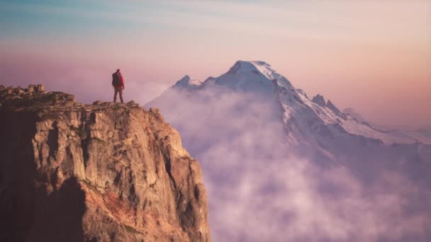 Man Hiker Dramatic Rocky Peak Mountains Adventure Composite Rendering Rocks — Stock Video