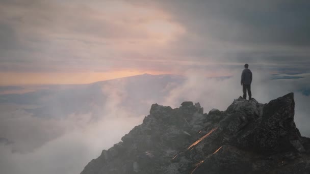 Man Hiker Rocky Peak Mountains Adventure Composite Rendering Rocks Background — Stock Video
