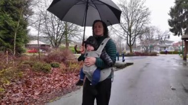 Anne ve Şirin Bebek Taşıyıcıya Karşı, Mahalle Yolunda Yürüyor. Yağmurlu bir gün, Şemsiye. Burnaby, Vancouver, BC, Kanada.