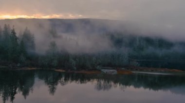 Sis kaplı ağaçlar vadinin kıyısında dağlarla kaplı. Kanada Doğa Manzarası. Hava görüntüsü, arka plan. Vancouver Adası, BC Kanada.