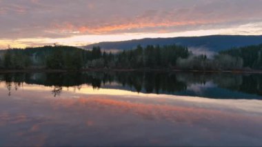 Sis kaplı ağaçlar vadinin kıyısında dağlarla kaplı. Kanada Doğa Manzarası. Hava görüntüsü, arka plan. Vancouver Adası, BC Kanada.