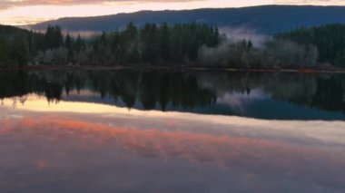 Sis kaplı ağaçlar vadinin kıyısında dağlarla kaplı. Kanada Doğa Manzarası. Hava görüntüsü, arka plan. Vancouver Adası, BC Kanada.