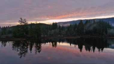 Sis kaplı ağaçlar vadinin kıyısında dağlarla kaplı. Kanada Doğa Manzarası. Hava görüntüsü, arka plan. Vancouver Adası, BC Kanada.