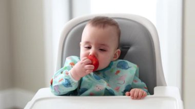 Yüksek Sandalyede Çilek Yiyen Şirin Bebek. Eve, yemek vakti..