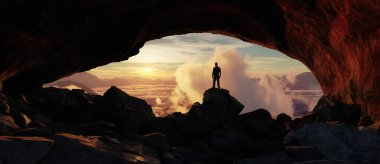 Mağarada Duran Maceracı Adam. Arka plandaki dağ manzarası. Dramatik Günbatımı. 3d Hazırlama