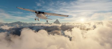 Gün batımında tek motorlu uçak dramatik bir dağ manzarası üzerinde uçuyor. 3d Hazırlama.