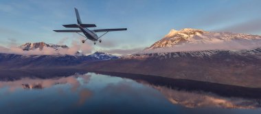 Gün batımında tek motorlu uçak dramatik bir dağ manzarası üzerinde uçuyor. 3d Hazırlama.